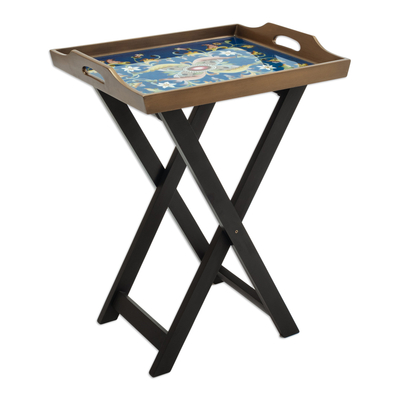 Handmade Reverse Painted Glass and Wood Folding Table - Colonial