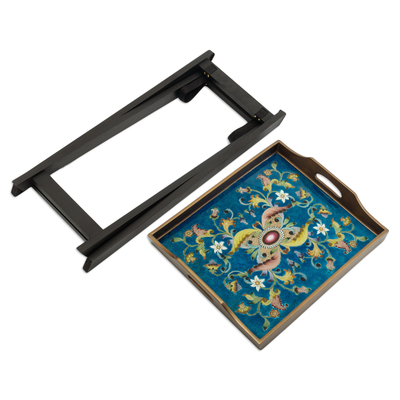 Klappbarer Tabletttisch aus rückseitig lackiertem Glas - Handgefertigter Klapptisch aus rückseitig lackiertem Glas und Holz