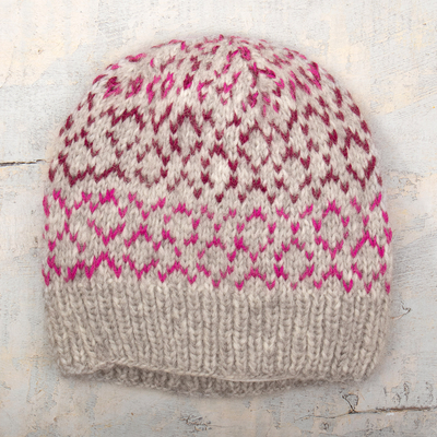 Baby alpaca blend hat, 'Intarsia colours' - Knit Baby Alpaca Blend Hat in Grey Fuchsia and Purple