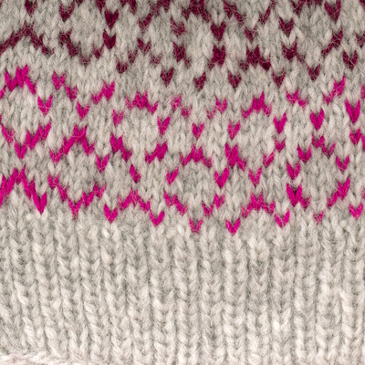 Baby alpaca blend hat, 'Intarsia colours' - Knit Baby Alpaca Blend Hat in Grey Fuchsia and Purple