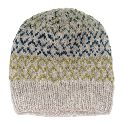 Unisex Knit Baby Alpaca Blend Hat in Grey Yellow and Blue