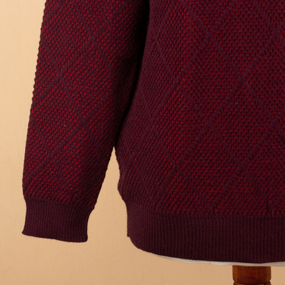 Men's alpaca blend sweater, 'Textures & Diamonds' - Men's Alpaca Blend Sweater in Red and Burgundy Made in Peru