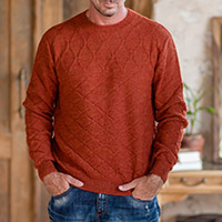 Men's 100% alpaca sweater, 'Salamander Rhombus' - Men's 100% Alpaca Sweater with Salamander Geometric Pattern
