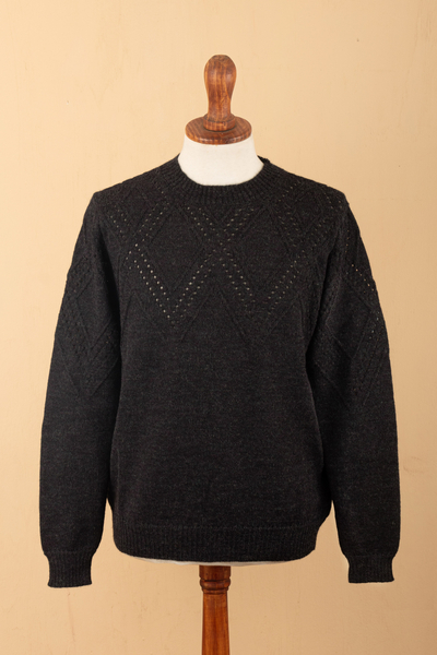 Men's 100% alpaca sweater, 'Night Rhombus' - Men's 100% Alpaca Sweater with Black Geometric Pattern