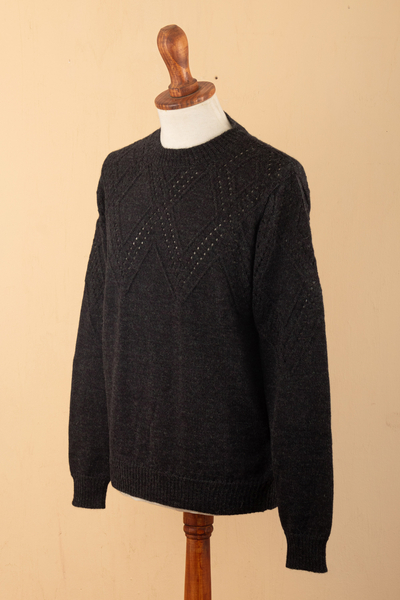 Men's 100% alpaca sweater, 'Night Rhombus' - Men's 100% Alpaca Sweater with Black Geometric Pattern