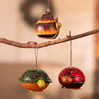 Dried gourd ornaments, 'Earth Buddies' (set of 3) - Set of 3 Handcrafted Dried Gourd Ornaments in a Warm Palette