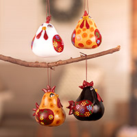 Dried gourd ornaments, 'Chatty Friends' (set of 4) - Set of 4 Handcrafted Hen Ornaments Painted in Warm Hues
