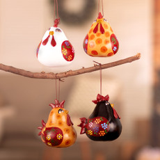 Set of 4 Handcrafted Hen Ornaments Painted in Warm Hues, “Chatty Hens”