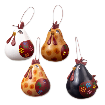 Dried gourd ornaments, 'Chatty Hens' (set of 4) - Set of 4 Handcrafted Hen Ornaments Painted in Warm Hues