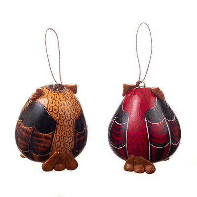 Dried gourd ornaments, 'Feathers of Wisdom' (set of 2) - Set of 2 Handmade Dried Gourd Owl Ornaments in Black and Red