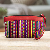Handwoven cosmetic bag, 'Mountains' - Hand-Woven Cosmetic Bag with Faux Leather Trim & Strap
