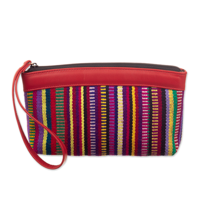 Handwoven cosmetic bag, 'Mountains' - Hand-Woven Cosmetic Bag with Faux Leather Trim & Strap