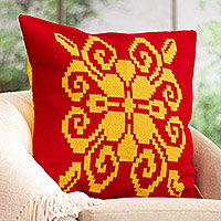 Cotton blend cushion cover, 'Abstract Lure' (18 inch) - 18 Inch Red Cotton Blend Cushion Cover Hand-Woven in Peru