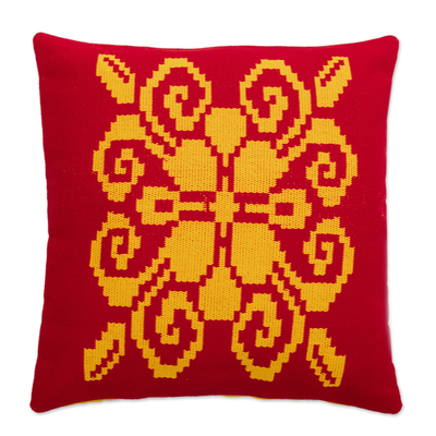 Cotton blend cushion cover, 'Abstract Lure' (18 inch) - 18 Inch Red Cotton Blend Cushion Cover Hand-Woven in Peru