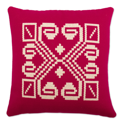Cotton blend cushion cover, 'Abstract Glamour' (18 inch) - Hand-Woven 18 Inch Fuchsia Cotton Blend Cushion Cover