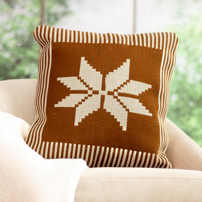 Cotton blend cushion cover, 'Abstract in Brown' - Hand-Woven Cotton Blend Floral Cushion Cover with Stripes
