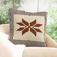 Cotton blend cushion cover, 'Abstract in Beige' - Hand-Woven Cotton Blend Floral Cushion Cover with Stripes