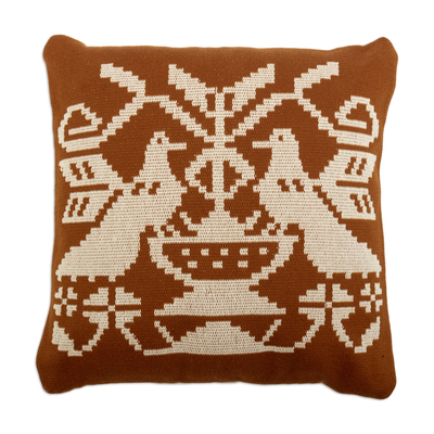 Cotton blend cushion cover, 'Birds in Brown' - Peruvian Hand-Woven Cotton Blend Bird Cushion Cover in Brown