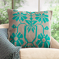 Cotton blend cushion cover, 'Floral Inspiration' - Floral Turquoise Grey Hand-Woven Cotton Blend Cushion Cover