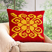 Cotton blend cushion cover, 'Abstract in Red' - Red Peruvian Hand-Woven Cotton Blend Floral Cushion Cover