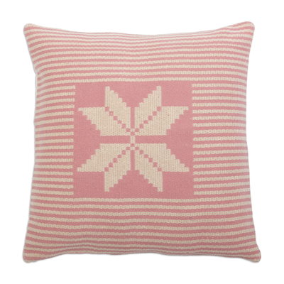 Cotton blend cushion cover, 'Abstract in Pink' - Hand-Woven Cotton Blend Floral Cushion Cover with Stripes