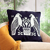Cotton blend cushion cover, 'Birds in Indigo' - Peruvian Hand-Woven Cotton Blend Bird Cushion Cover in Blue