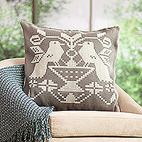 Cotton blend cushion cover, 'Birds in Grey' - Peruvian Hand-Woven Cotton Blend Bird Cushion Cover in Grey