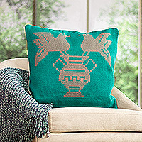 Cotton blend cushion cover, 'Birds in Turquoise' - Turquoise Cotton Blend Bird Cushion Cover Hand-Woven in Peru