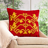 Cotton blend cushion cover, 'Birds in Red' - Hand-Woven Red and Yellow Cotton Blend Bird Cushion Cover