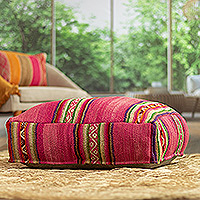 Wool pouf cover, 'Carmine Traditions' - Carmine Traditional Andean Wool Pouf Cover Handwoven in Peru