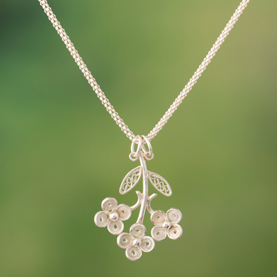 Sterling Silver Floral and Leaf Pendant Necklace from Peru