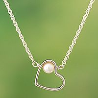 Cultured pearl pendant necklace, 'Innocent Romance' - Sterling Silver Heart Pendant Necklace with Cultured Pearl