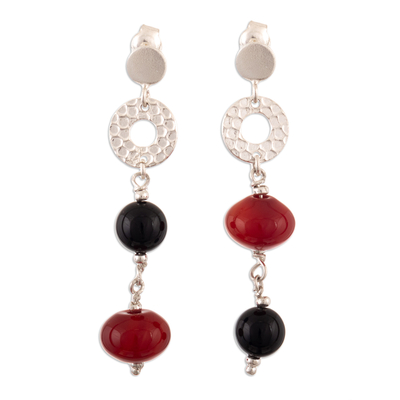 Carnelian and onyx dangle earrings, 'Precious Luck' - Sterling Silver Dangle Earrings with Carnelian and Onyx Gems
