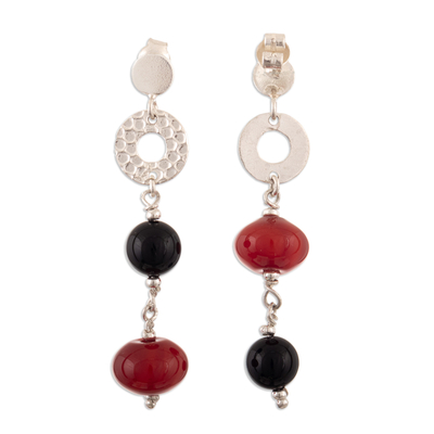 Carnelian and onyx dangle earrings, 'Precious Luck' - Sterling Silver Dangle Earrings with Carnelian and Onyx Gems