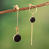 Gold-plated onyx dangle earrings, 'Golden Modernity' - 18k Gold-Plated Modern Dangle Earrings with Onyx Cabochons