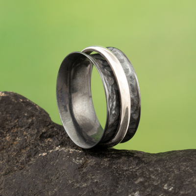 Sterling silver meditation ring, 'Lunar Aura' - Dark-Toned Meditation Ring with Sterling Silver Hoop