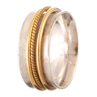 Gold-accented meditation ring, 'Glance at Saturn' - Sterling Silver Meditation Ring with 18k Gold-Plated Hoops