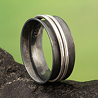 Sterling silver meditation ring, 'Glance at the Eclipse' - Dark-Toned Meditation Ring with Shiny Sterling Silver Hoops