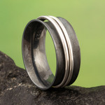 Sterling silver meditation ring, 'Glance at the Eclipse' - Dark-Toned Meditation Ring with Shiny Sterling Silver Hoops