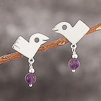 Amethyst dangle earrings, 'Purple Sican Birds' - Cultural Sterling Silver Bird Dangle Earrings with Amethyst