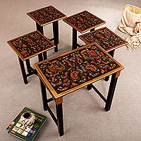 Mesas decorativas de madera y cuero, 'Firebirds' (juego de 5) - Juego de 5 mesas decorativas hechas a mano con madera y cuero