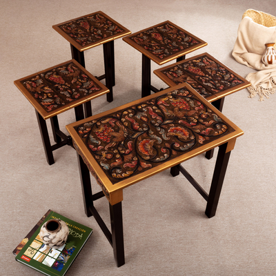 Mesas decorativas de madera y cuero (juego de 5) - Juego de 5 mesas decorativas hechas a mano con madera y cuero