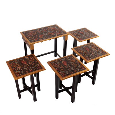 Set of 5 Accent Tables Handmade from Wood and Leather