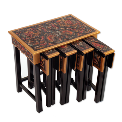 Wood and leather accent tables, 'Firebirds' (set of 5) - Set of 5 Accent Tables Handmade from Wood and Leather