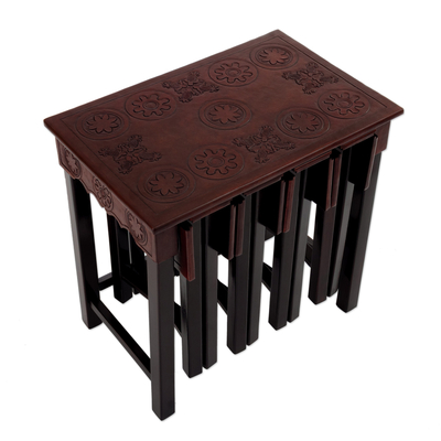 Wood and leather accent tables, 'The Amazon' (set of 5) - 5 Accent Tables Hand-Crafted from Wood and Leather in Peru