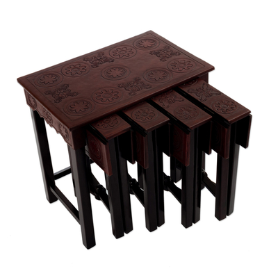 Mesas decorativas de madera y cuero (juego de 5) - 5 mesas decorativas hechas a mano con madera y cuero en Perú