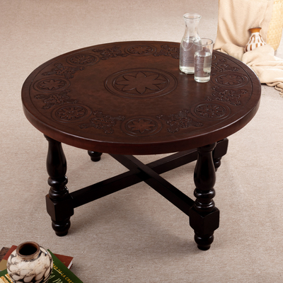 Wood and leather coffee table, 'Tropical Scents' - Round Coffee Table Handmade from Wood and Embossed Leather