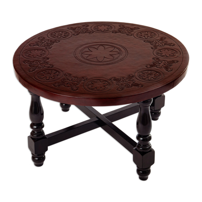 Round Coffee Table Handmade from Wood and Embossed Leather