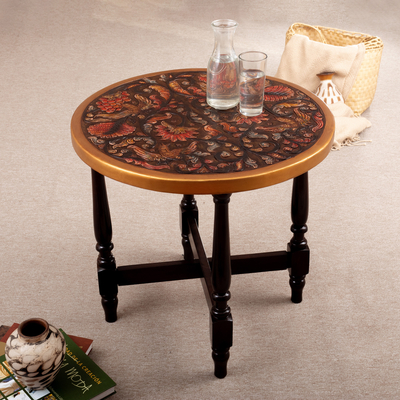 Wood and leather coffee table, 'Enchanting Flora' - Wood and Leather Coffee Table Crafted and Painted by Hand
