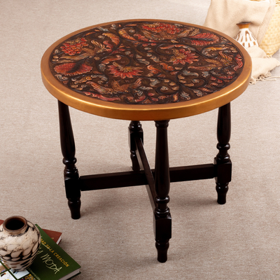 Wood and leather coffee table, 'Enchanting Flora' - Wood and Leather Coffee Table Crafted and Painted by Hand